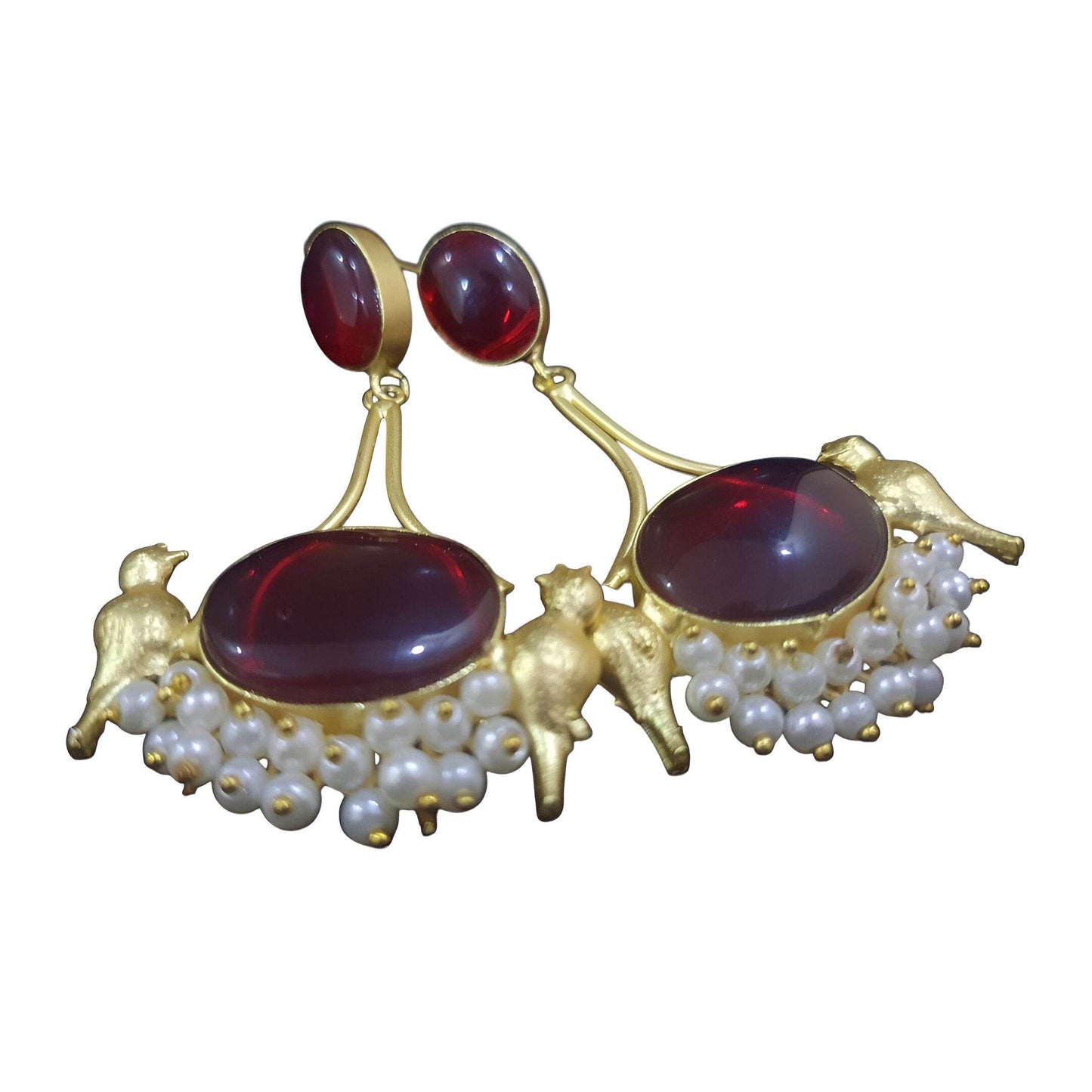 Vintage bird dangle earrings with red oval stones and pearl accents by Amber Pearls