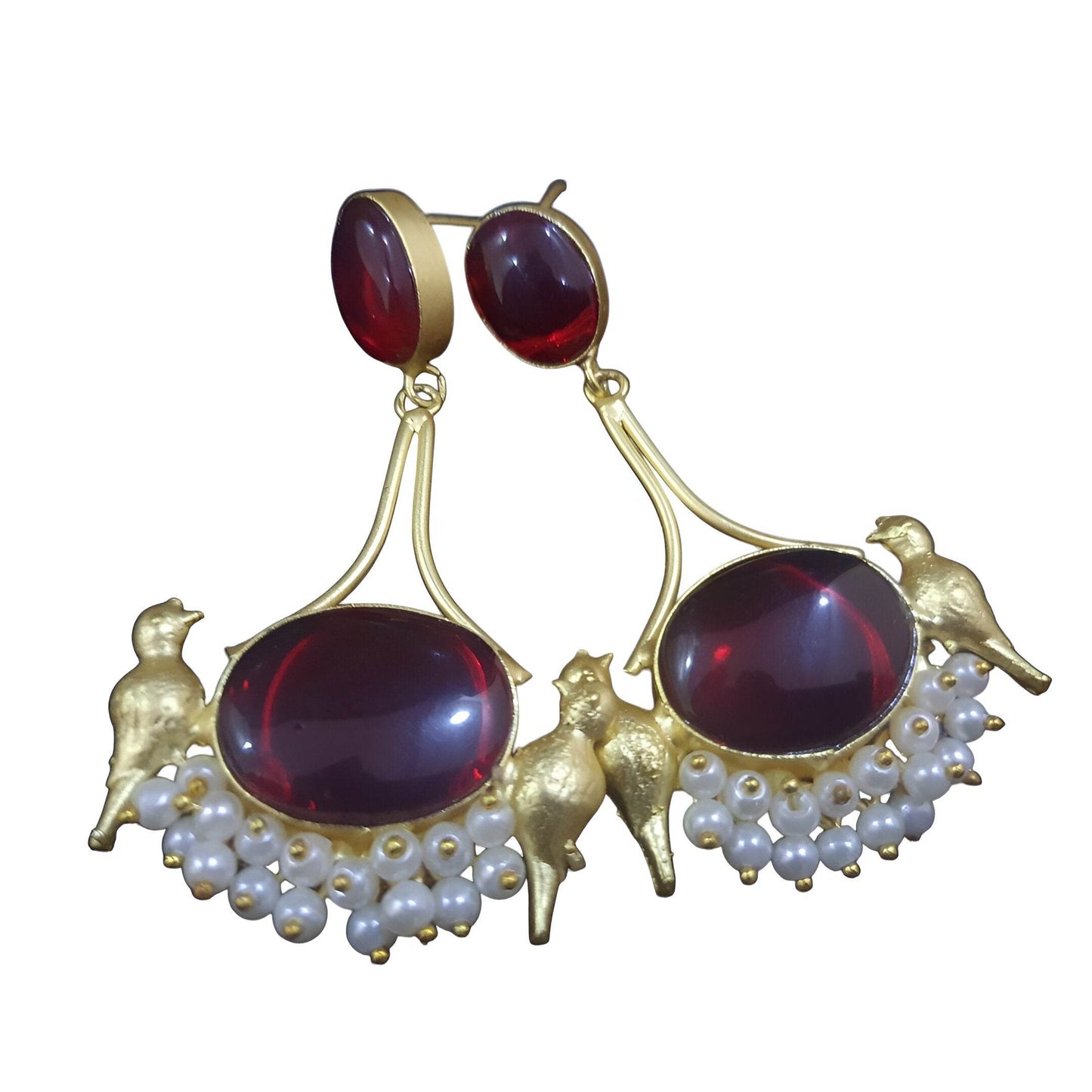 Amber Pearls vintage bird dangle earrings featuring red stones and white pearls for a unique look