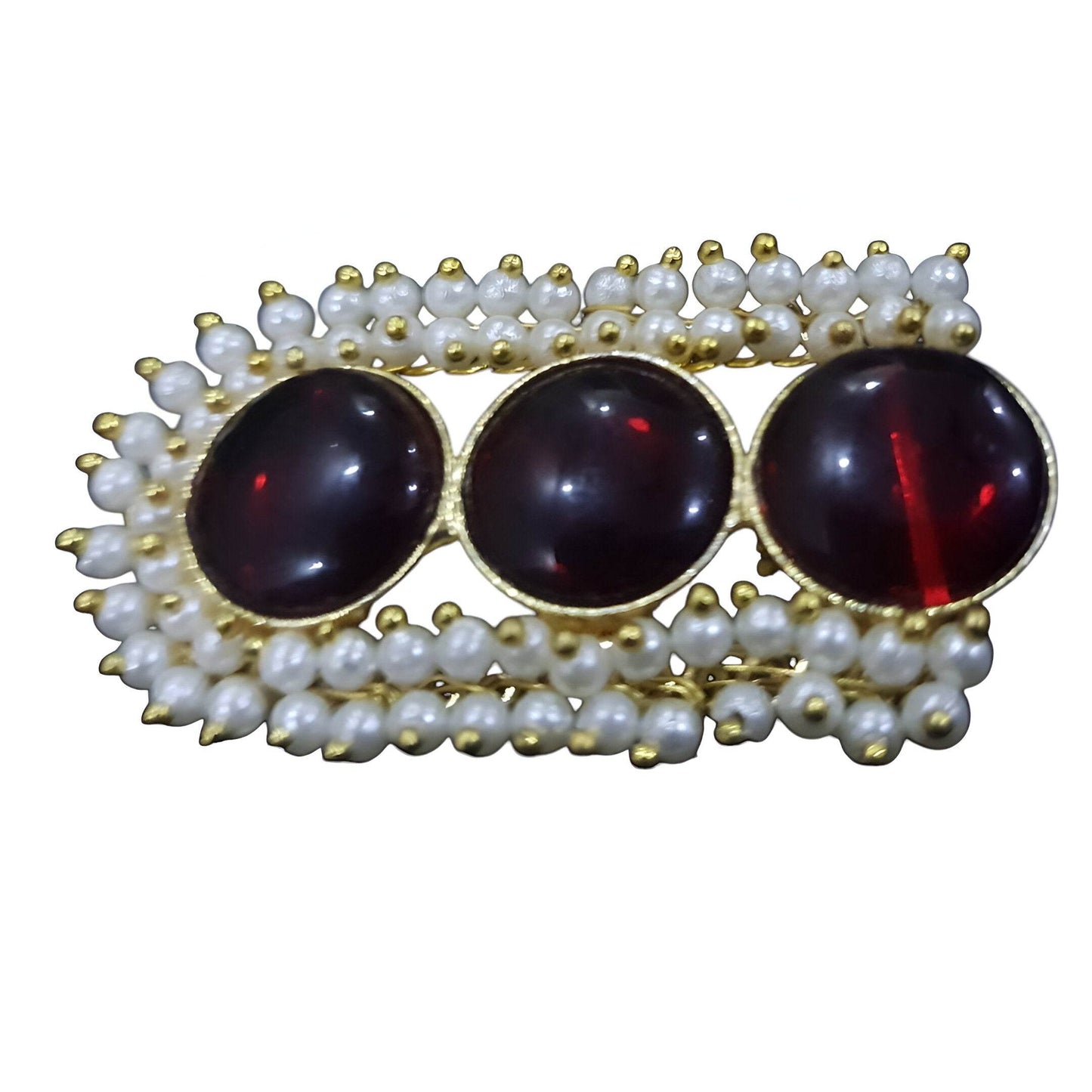 Amber Pearls vintage brass drop earrings with red stones and pearl accents for a classic look