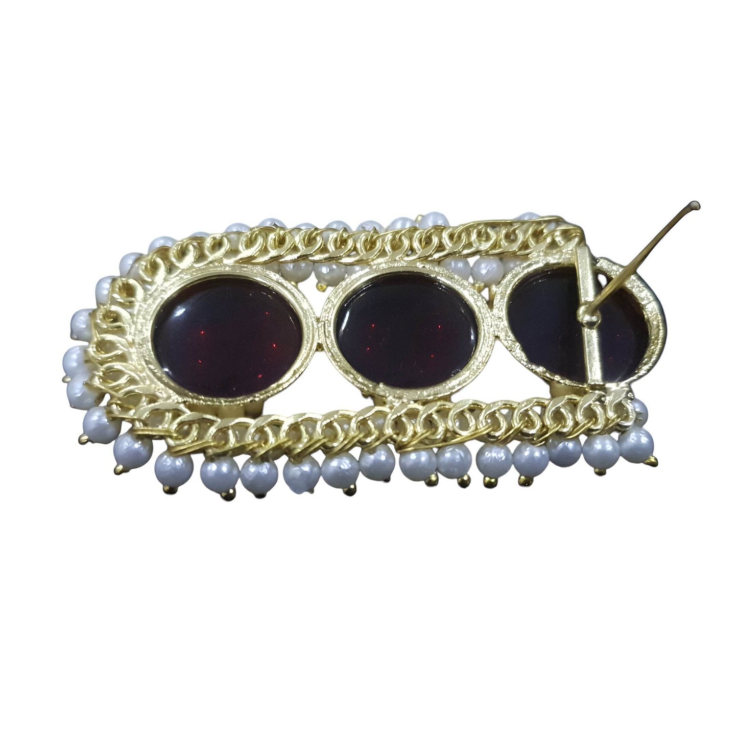 Vintage brass drop earrings with red accents and pearl embellishments for a classic look