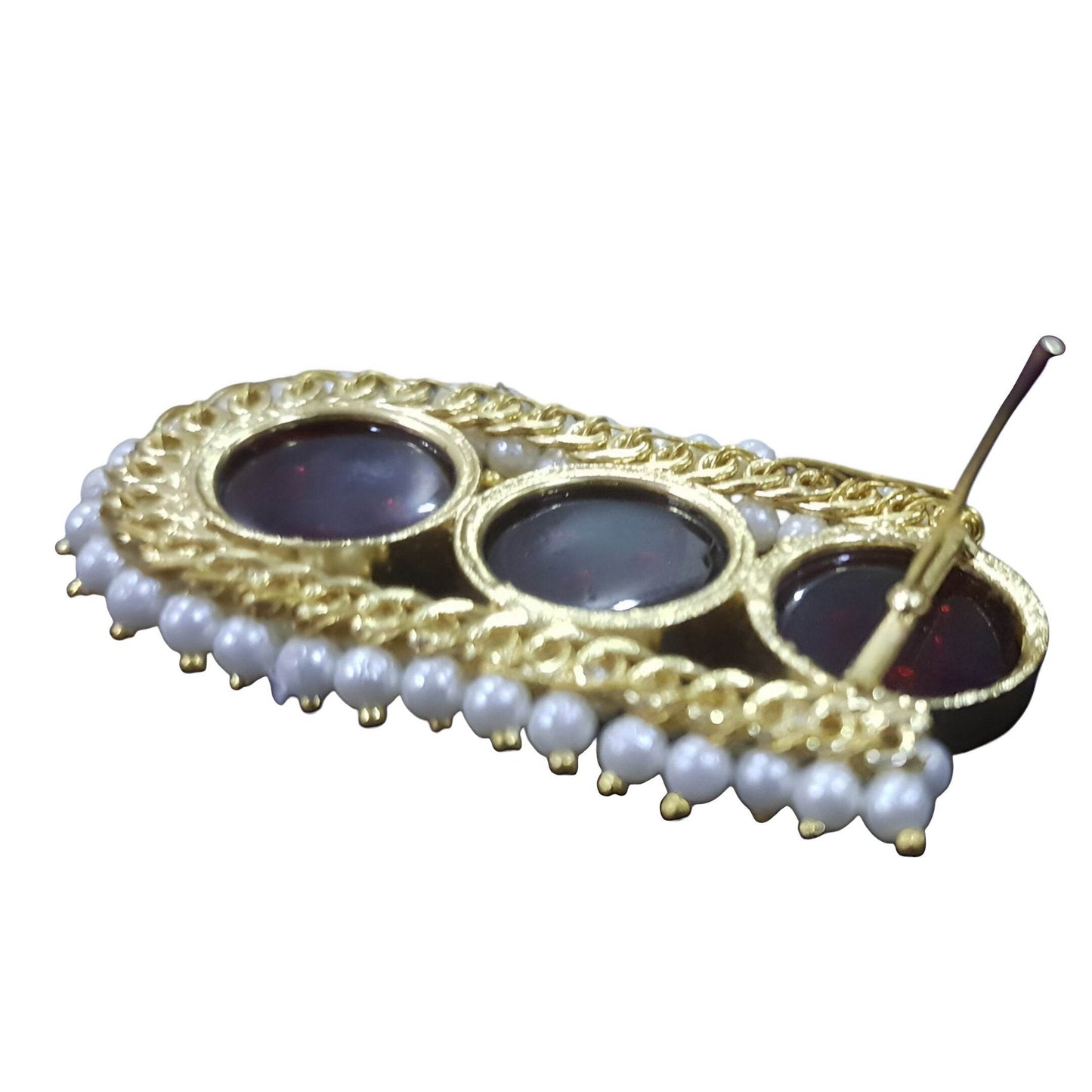 Amber Pearls vintage brass drop earrings featuring red stones and white pearl accents for elegant style