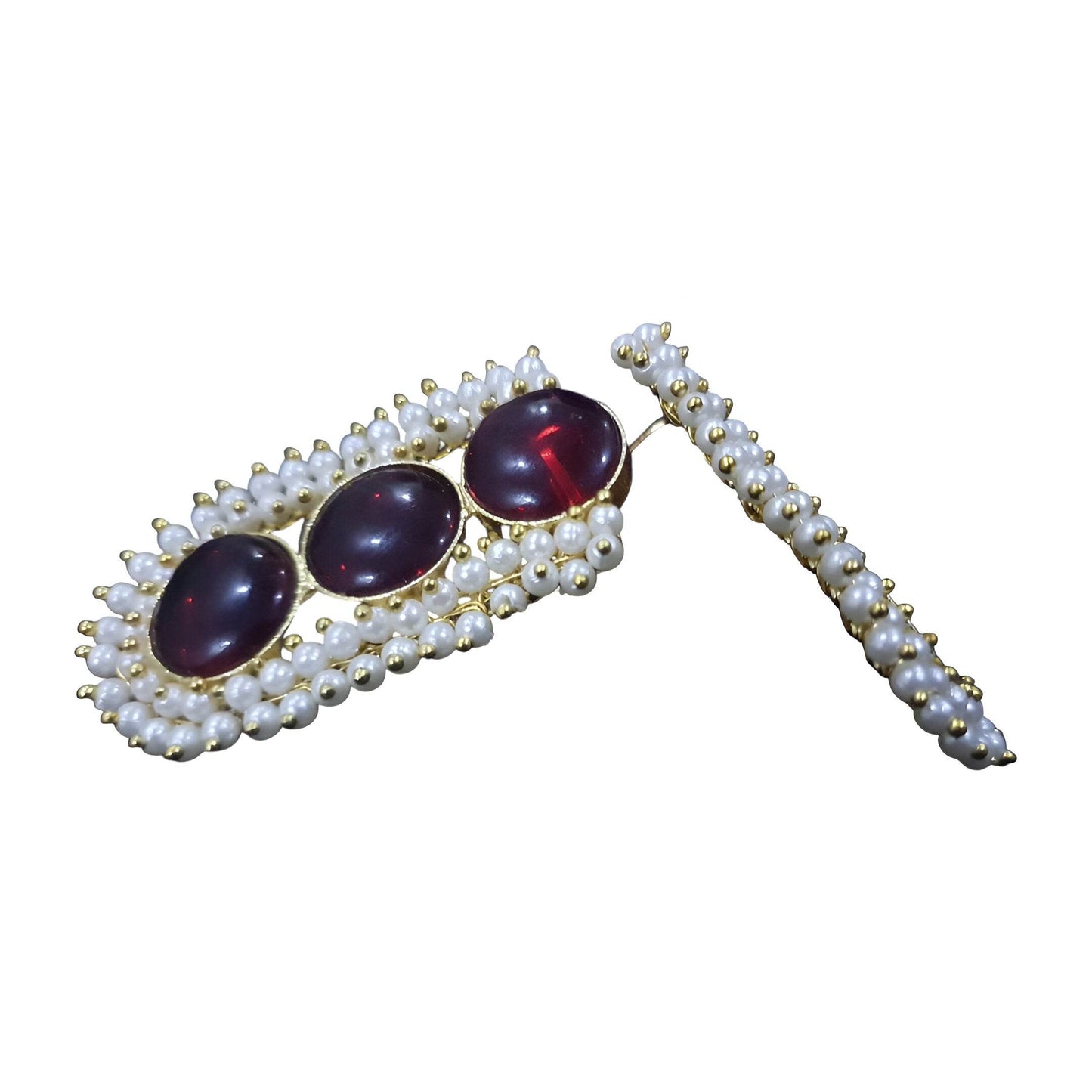 Amber Pearls vintage brass drop earrings featuring red gemstones and pearl accents