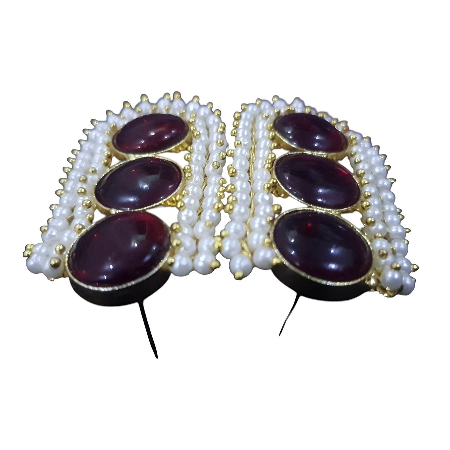 Elegant vintage brass drop earrings adorned with red stones and pearl accents