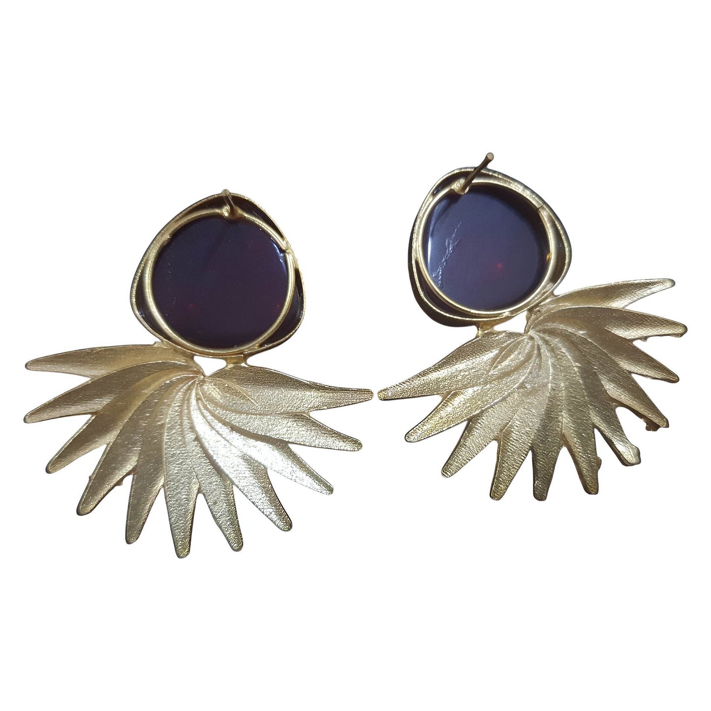 Amber Pearls vintage brass drop earrings with intricate leaf design and purple detailing