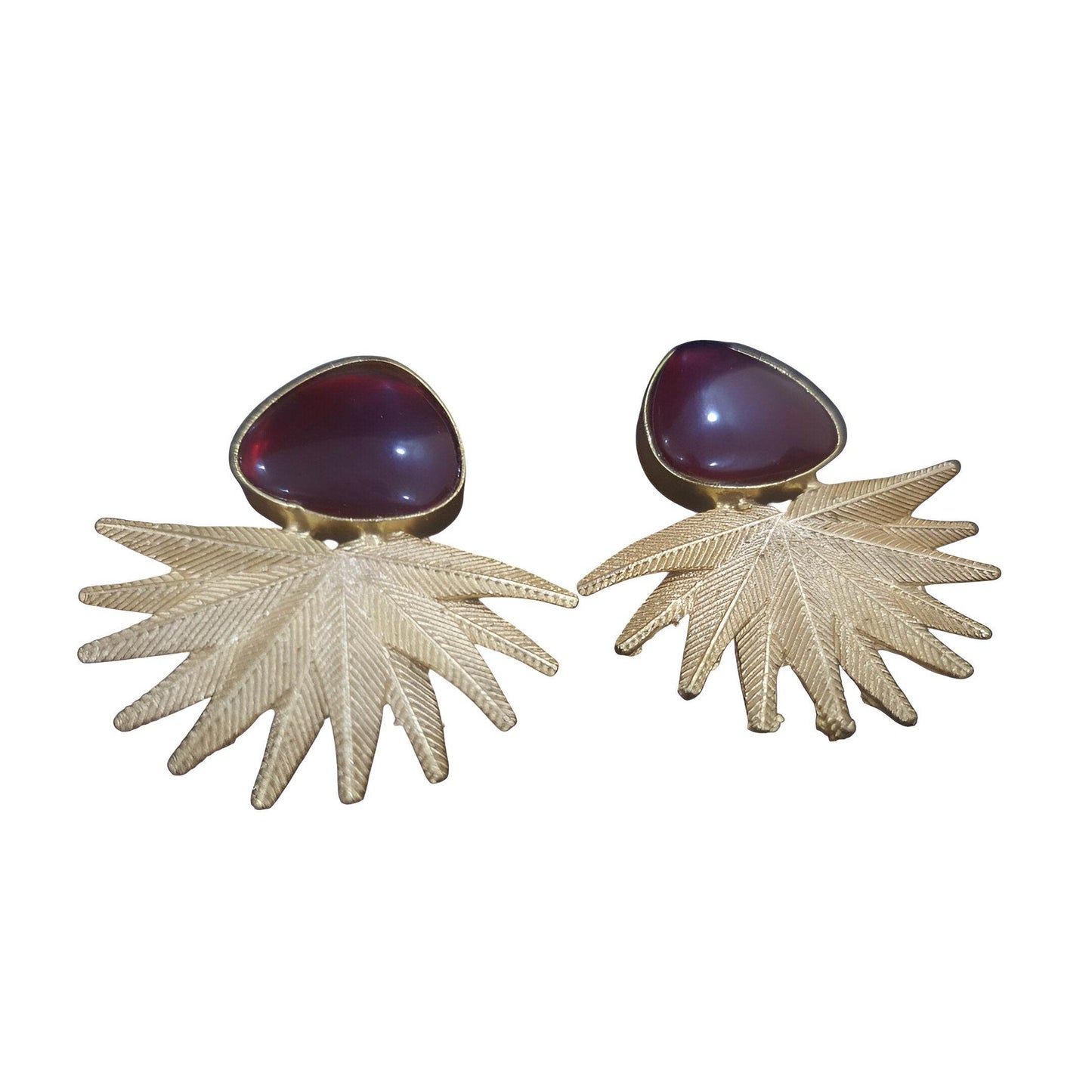 Vintage brass drop earrings with leaf design and purple gemstone accents for elegant style
