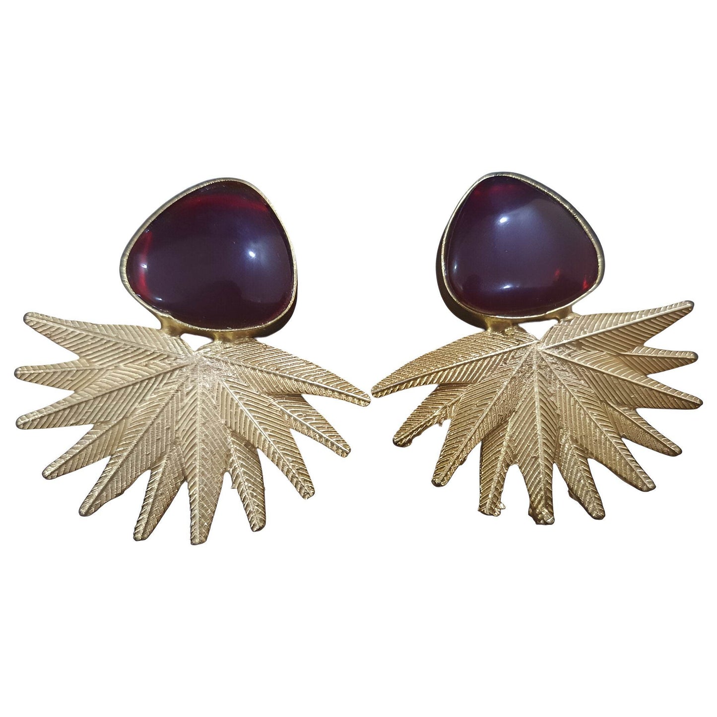 Unique vintage brass drop earrings with leaf design and maroon inlay for a fashionable look