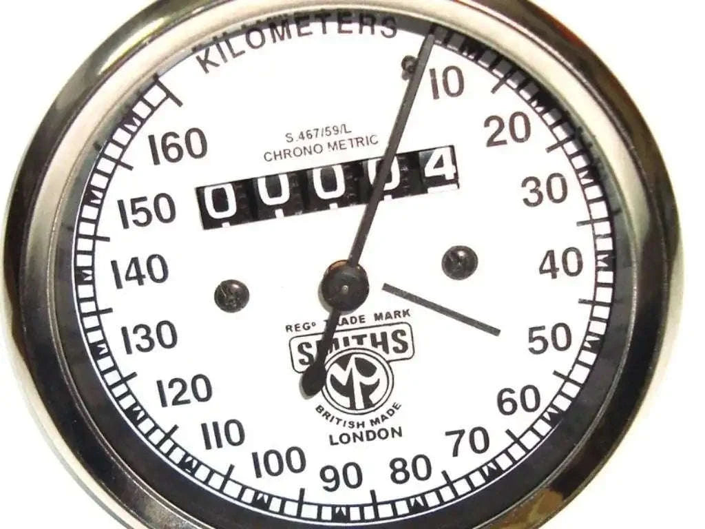 Vintage Triumph speedometer gauge face with white dial and 0–160 km/h scale