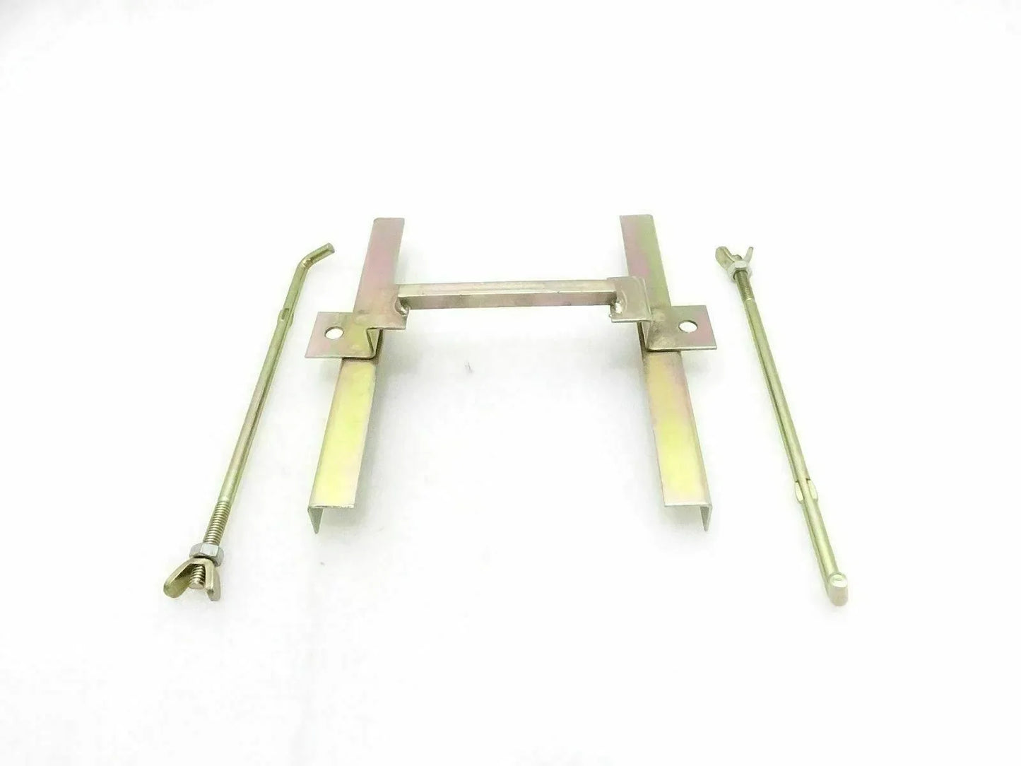 Metal battery hold down unit bracket with mounting rods and bolts