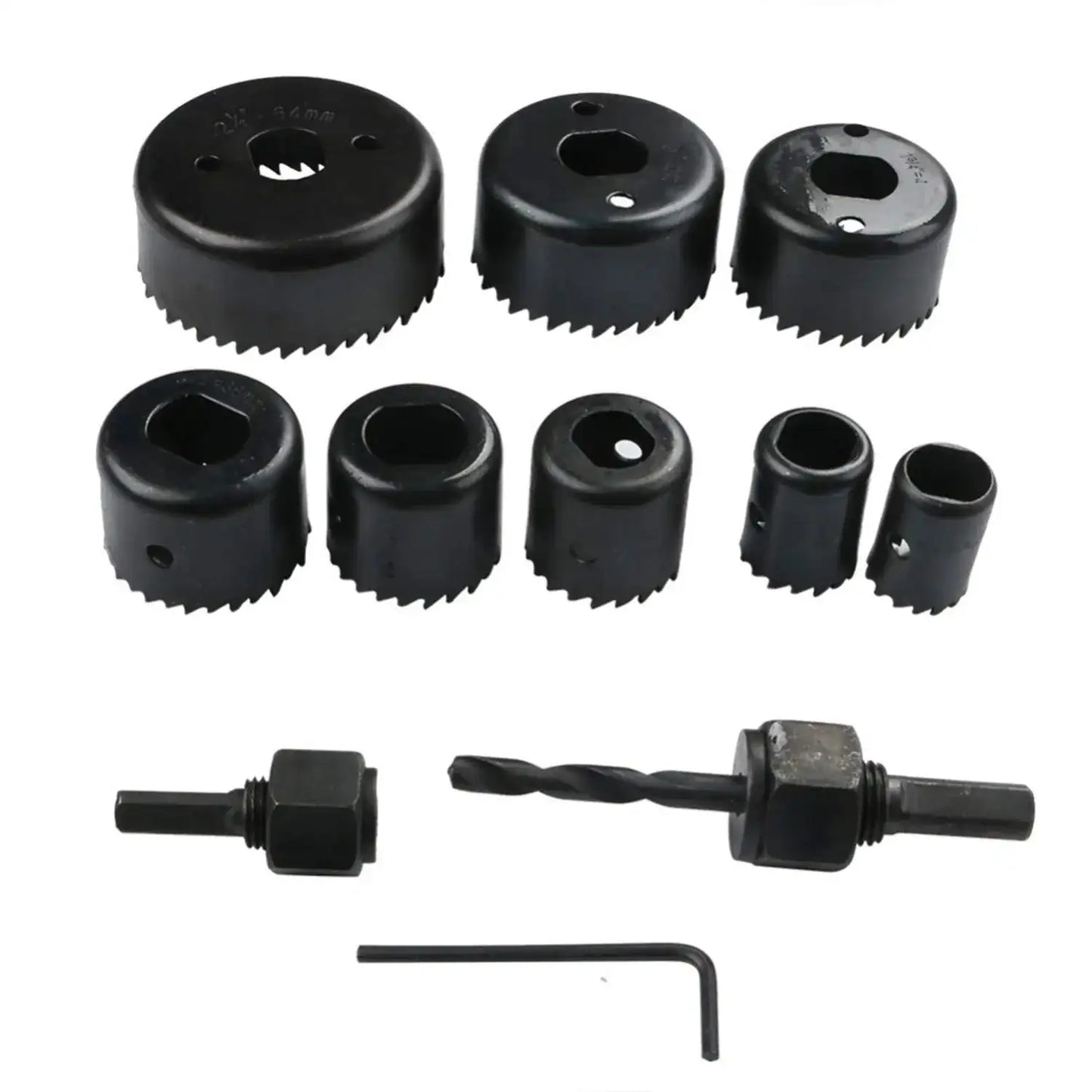 Black hole saw cutter set with multiple saw heads, pilot bit, and hex key.