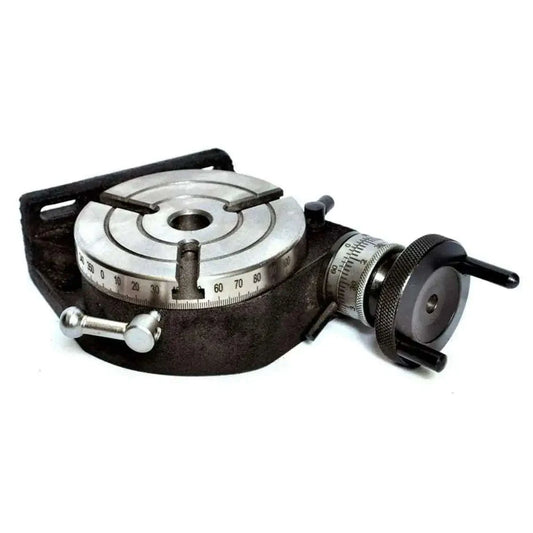 100mm rotary table with 3 slots, MT2 bore, black base and circular scale with handle