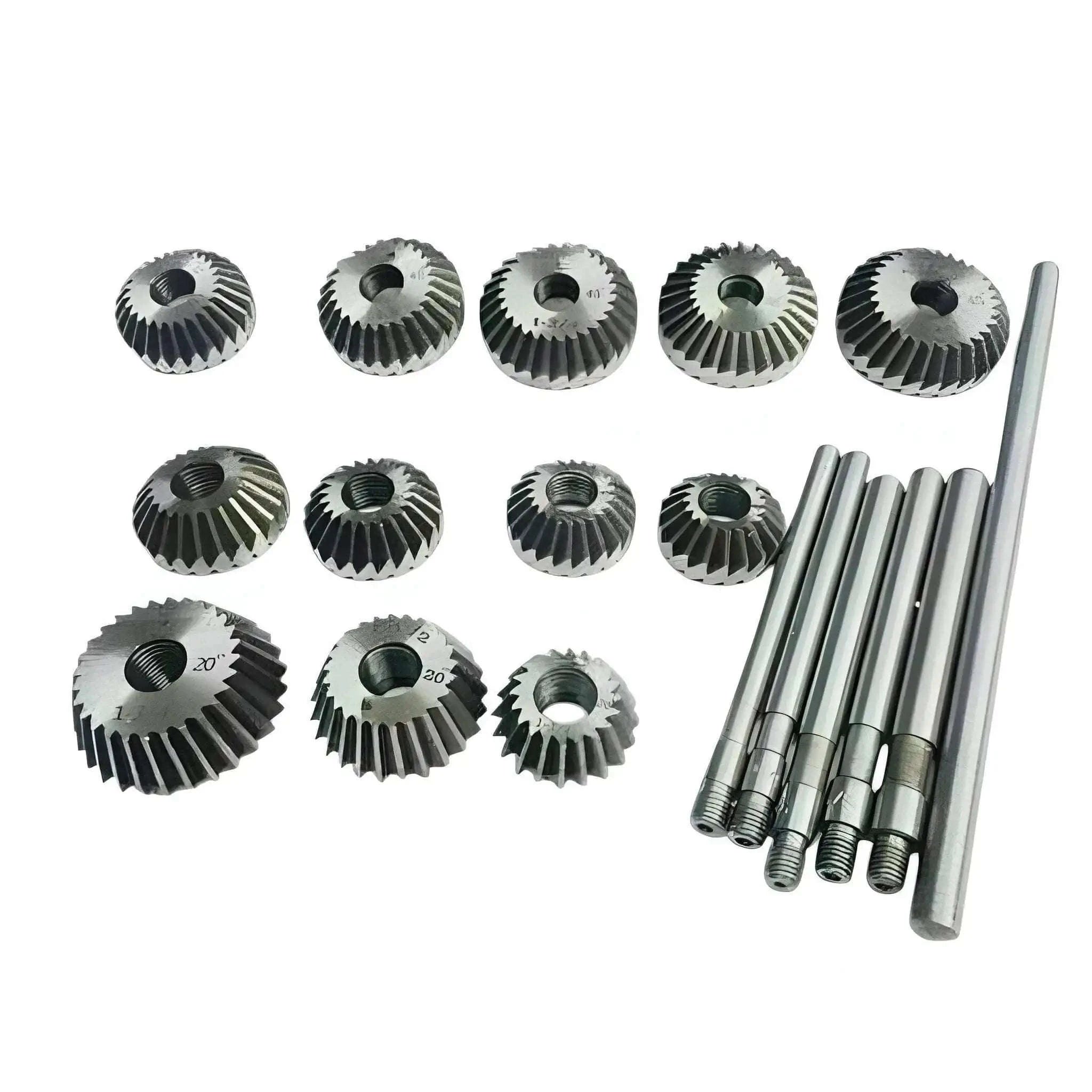 Valve seat cutter set with multiple steel cutting heads, sizes for precision valve seat machining