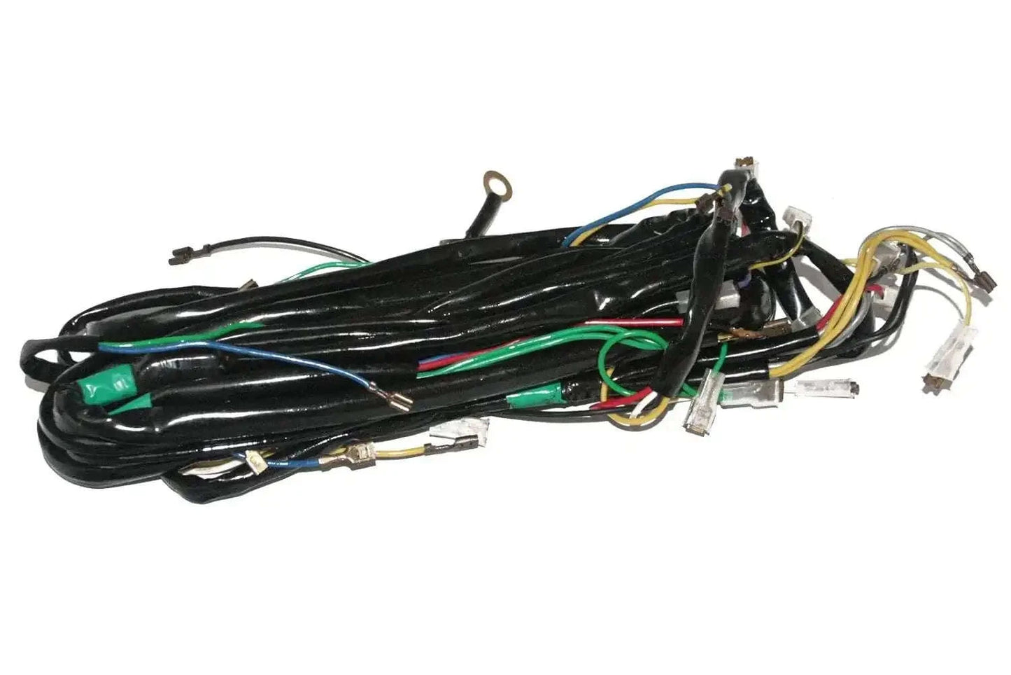 Scooter wiring loom harness with bundled black cables and electrical connectors
