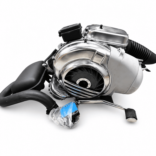 Remanufactured engine, silver cylinder with black intake hose