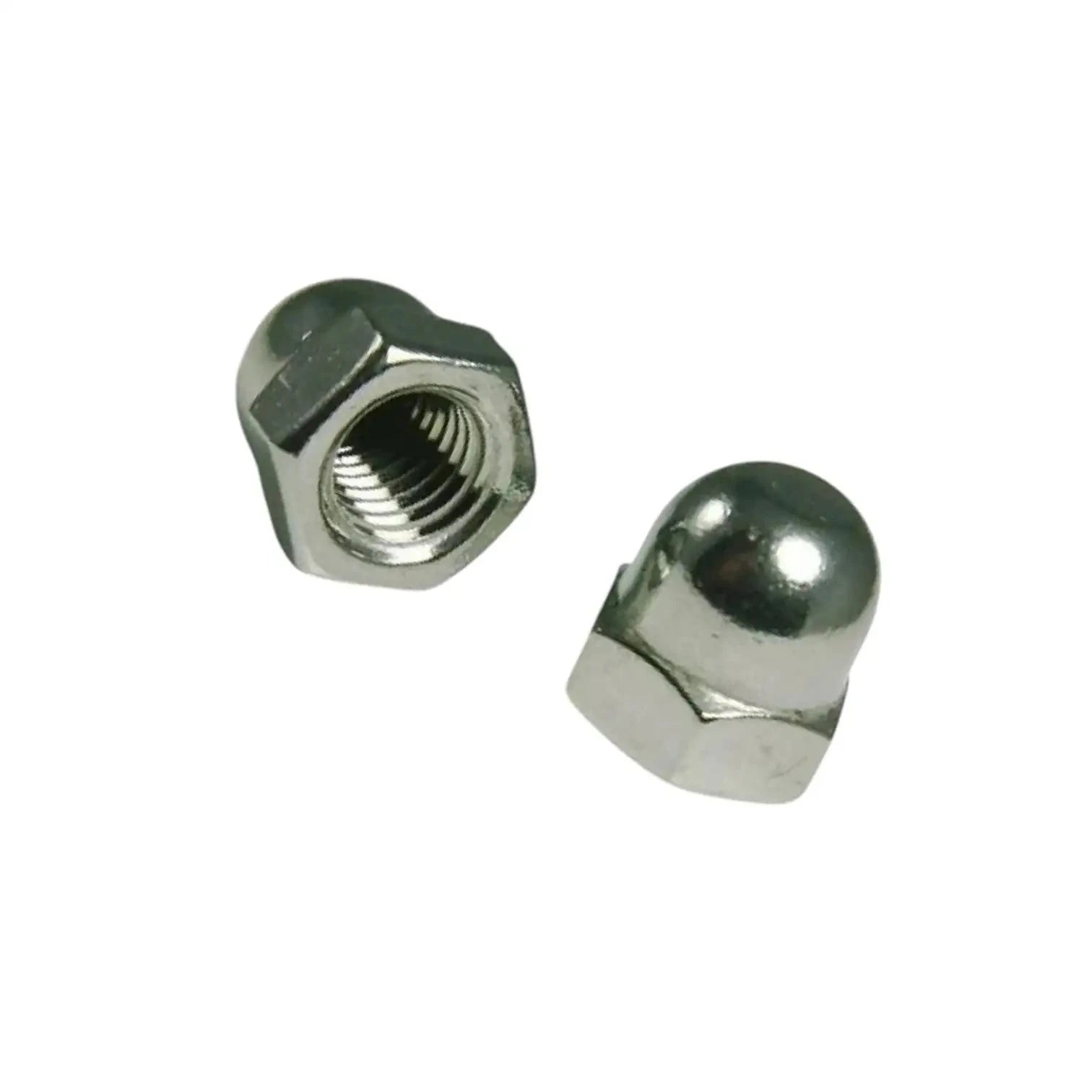 Chrome domed M8 nut pair, hex nut with exposed internal threads