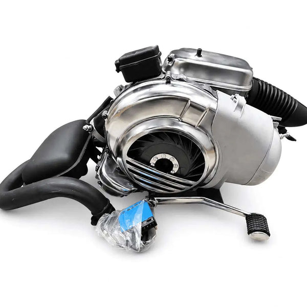 Remanufactured engine, silver cylinder with black intake hose