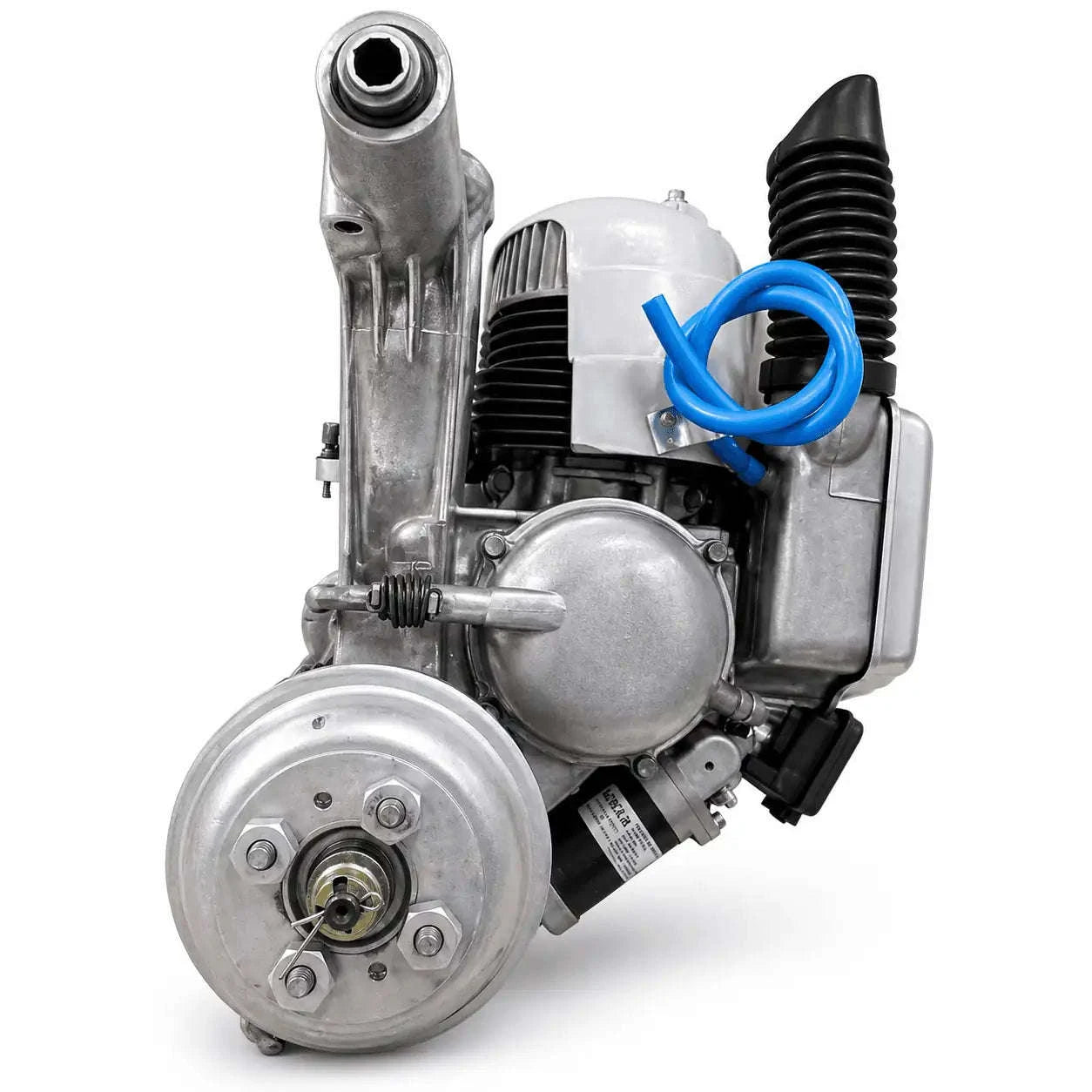 Remanufactured engine, blue wire, silver flywheel and black hose