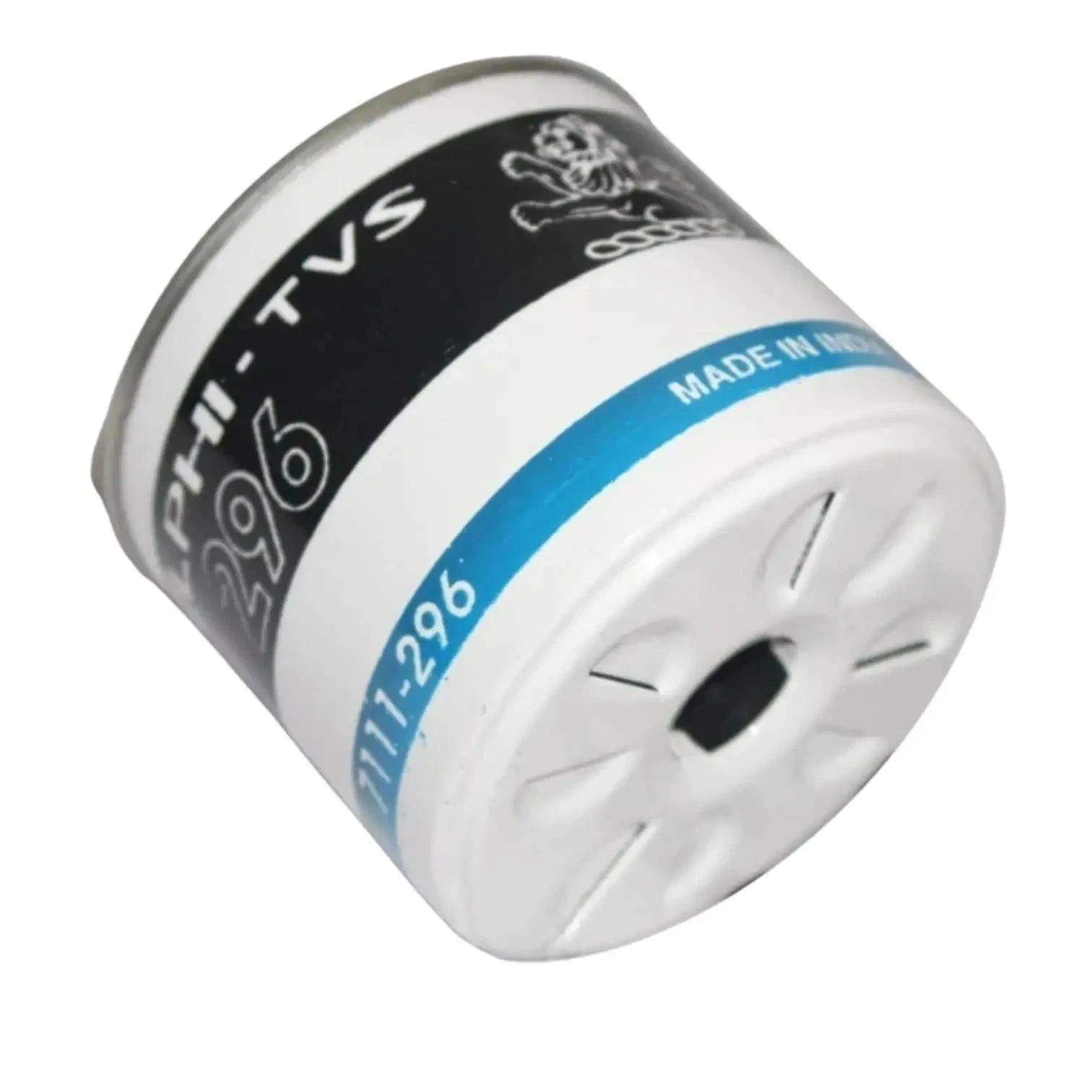 Fuel oil filter cartridge, gray canister with black label and blue band