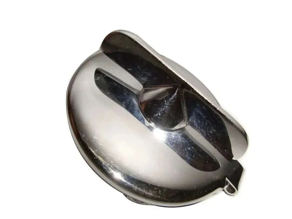Chrome hinged petrol/oil tank filler cap with round face and hinged lid