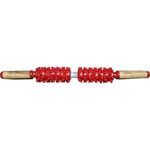 Acupressure yoga roller with red bead cylinder and wooden end handles