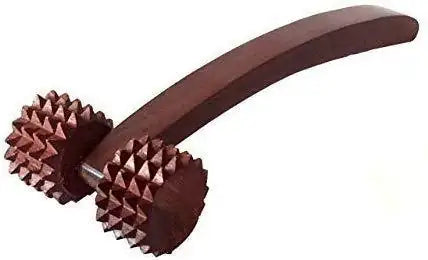 Acupressure massage roller with brown spiked wooden wheels and curved handle