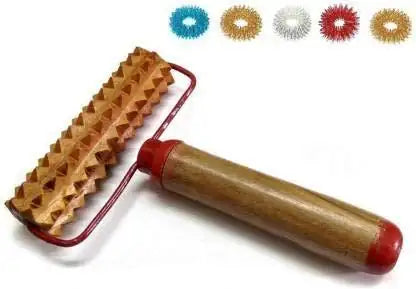 Wooden body massage roller with handle, textured ridged drum and red end caps