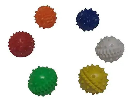 Set of six spiky acupressure balls in orange, red, blue, gray, green, and yellow