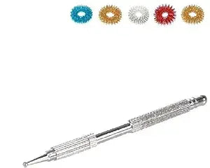 Silver acupressure massager tool with pointed tip and textured grip