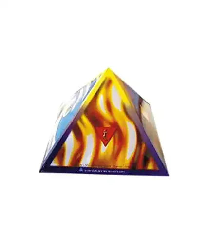 Acupressure pyramid cap with orange and yellow flame pattern, purple trim, paper base