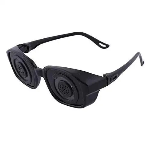 Acupressure magnetic spectacles with dark frame and round pressure nodes on temples