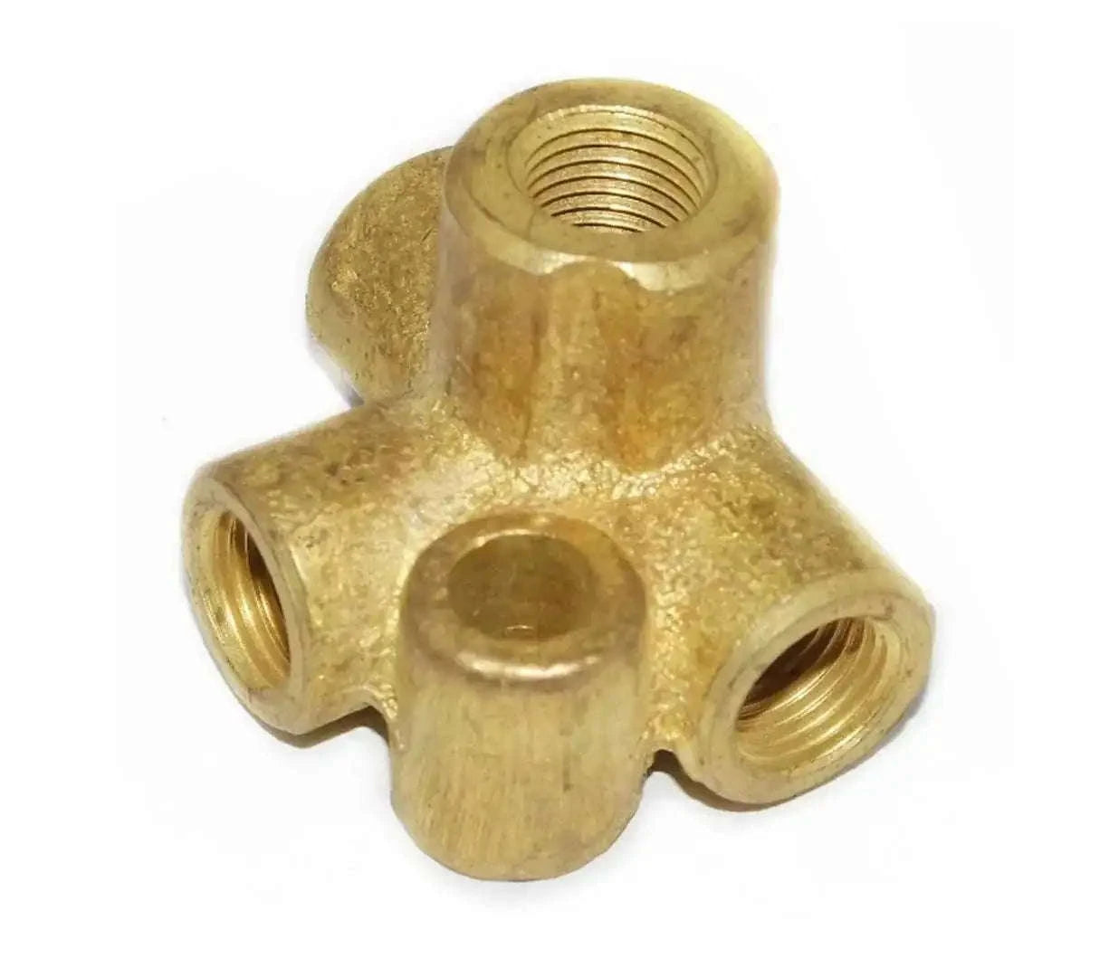 Brass 4-way T union pipe connector with threaded ports, metal fitting