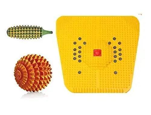 Yellow acupressure foot mat with dotted pressure grid, plus wooden spiky roller and ball