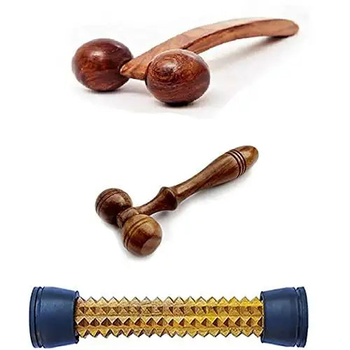 Wooden acupressure massage rod with rubber ends and facial roller heads