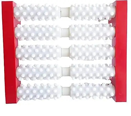 Plastic acupressure foot massager with 10 white roller nubs and red frame