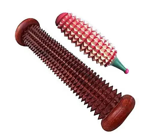 Acupressure foot roller massager with red spiked wheels and teal handle