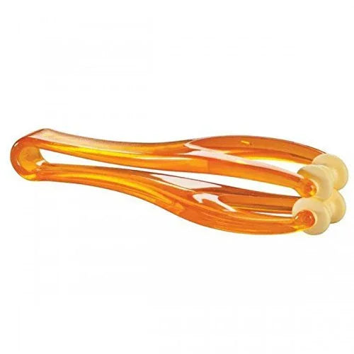 Hand roller massage tool with two curved amber rollers and finger handles