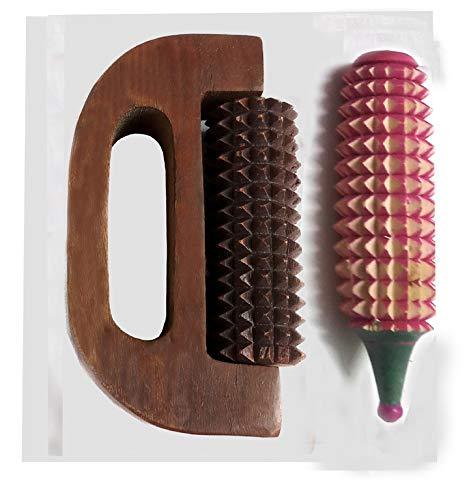 Wooden pointed roller massager with brown, dark spikes, pink spiked wheel and green handle