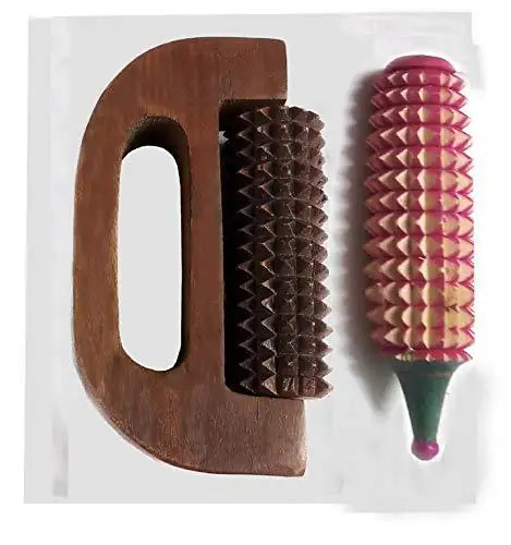 Wooden pointed roller massager with brown, dark spikes, pink spiked wheel and green handle