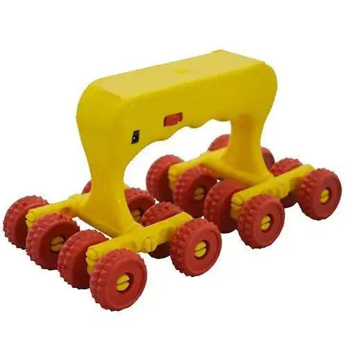 Acupressure back massager with yellow frame and red roller wheels