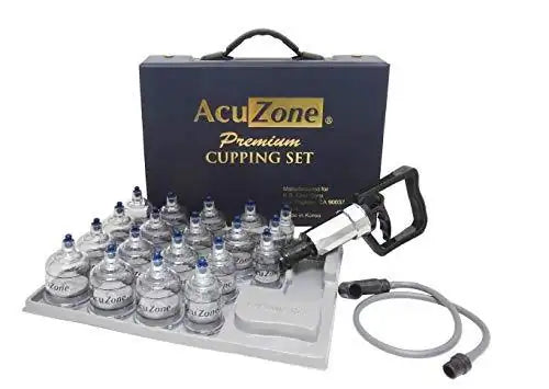 AcuZone premium cupping set with 19 clear cups, pump and acupressure pointers