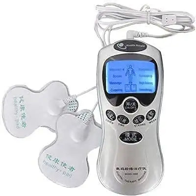 Digital pulse muscle massager with two electrode pads and control screen, white