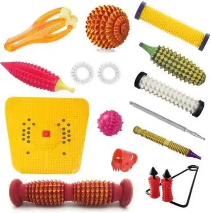 Acupressure massager kit with yellow foot roller, finger rings, spiky balls and square mat