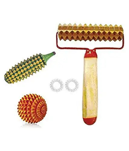 Acupressure massager tools kit with wooden handle roller, spiked wheel, and two rings