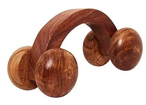 Wooden acupuncture roller ball massager with two curved handles and rounded ends