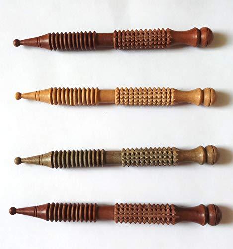 Set of brown wooden acupressure roller sticks with textured knob ends
