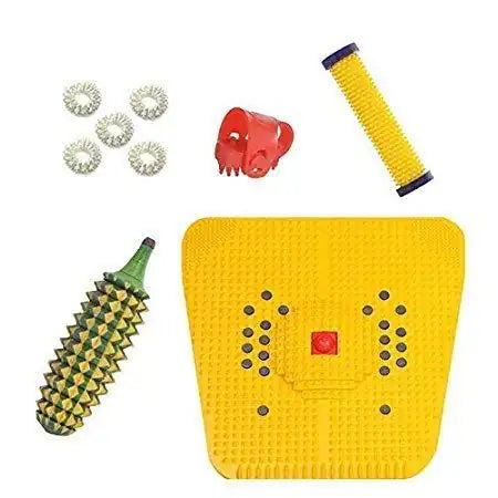 Magnetic acupressure massager kit with yellow spike mat, rollers and red magnetic head