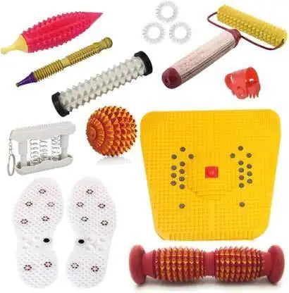 Acupressure massager kit with yellow foot mat and red roller, studded for pressure points