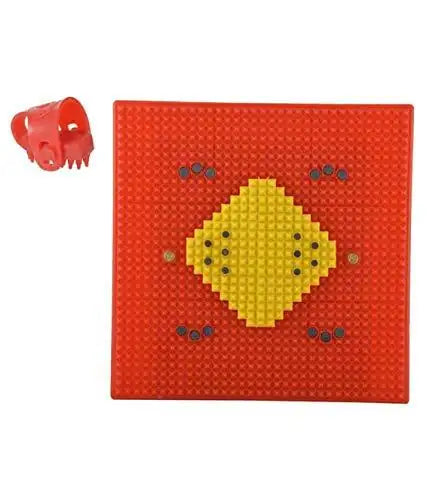 Acupressure power mat with yellow pyramid spikes and magnet-like dots, red square