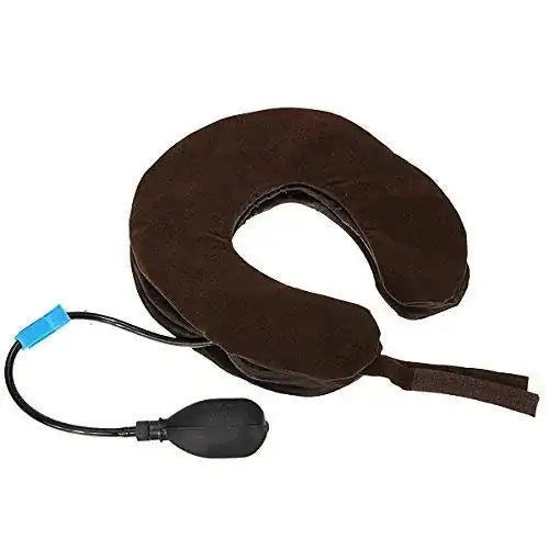 Neck traction belt with U-shaped brown cushion and black air hose with blue connector