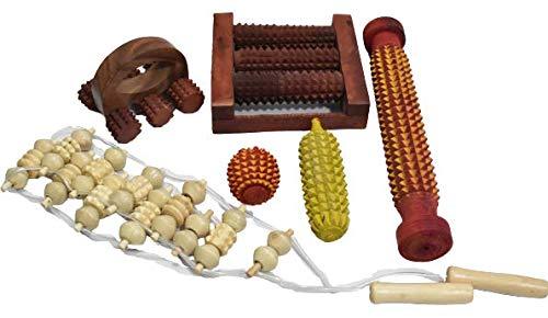 Full body acupressure masager kit: wooden spike rollers, spiked ball, and strap
