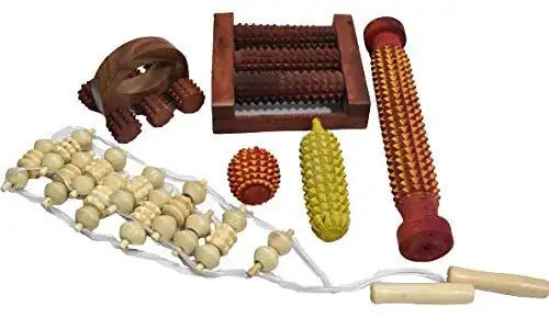 Full body acupressure masager kit: wooden spike rollers, spiked ball, and strap